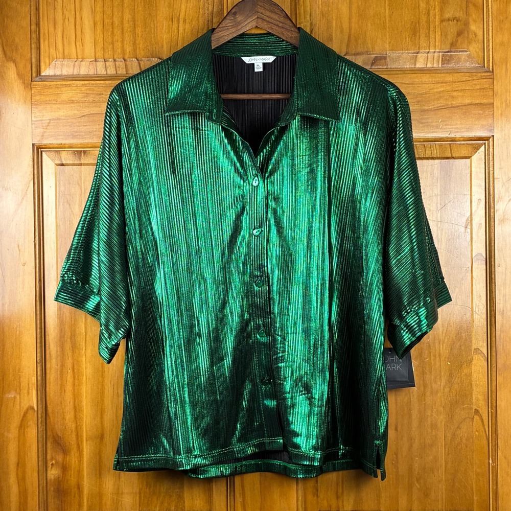 NWT John Mark Green Metallic Shimmer Plisse Short Sleeve Button Down Petite Lg